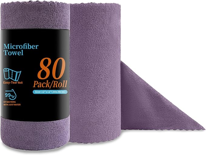 Jessy Home 80 Pack Microfiber Cleaning Cloth Roll Reusable Paper Towels 12"x12" Tear Away Cloth, Microfiber Towels for Cars, Wash Cloths, Lint Free Rags for House, Kitchen,Window,Cleaning Supplies