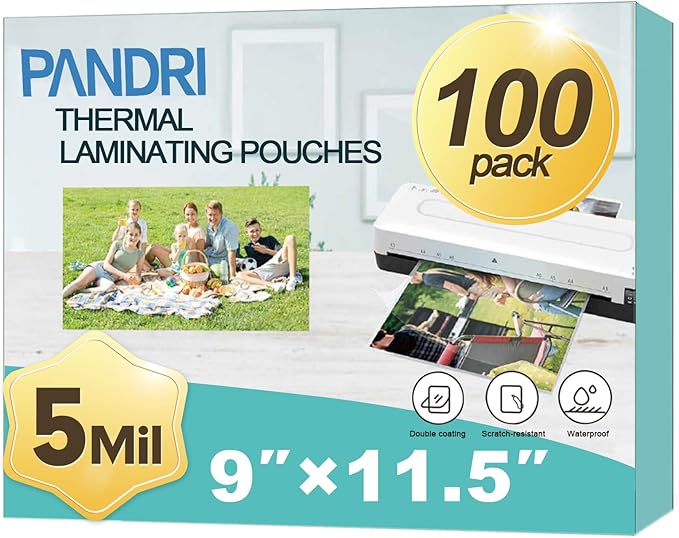 Laminating Sheets, PANDRI 100 Pack Thermal Laminator Pouches Holds 8.5 x 11 Inch, 5 Mil Clear Laminator Paper 9 x 11.5 Inch, Letter Size
