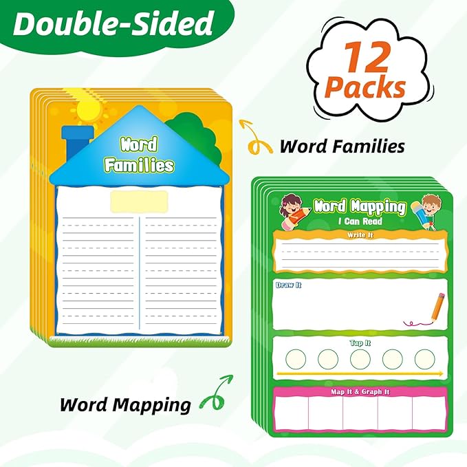 12 Packs Word Families Read and Rhyme Phonemic Awareness Dry Erase Board, Speech Therapy Phonics Games Flash Cards, Elkonin Boxes Science of Reading Spelling Manipulatives Classroom Must Have