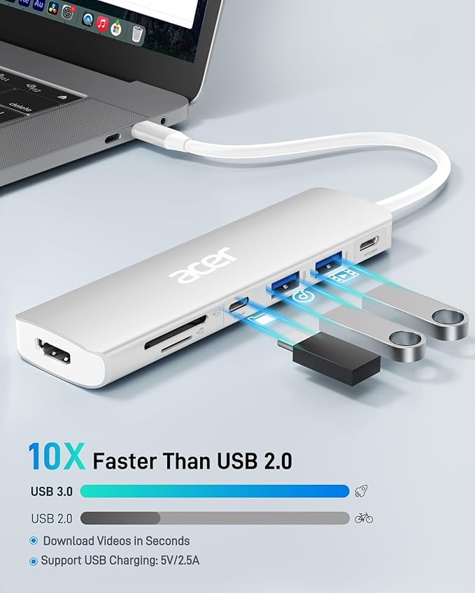 Acer USB C Dock, 7 in 1 USB-C to HDMI Hub, 2 USBA 3.1 GEN1 and 5Gbps Type-C Data Port, 4K HDMI Port, PD 100W Charging, SD Card Reader, for iPad Pro MacBook Pro Laptops and More (Silver)