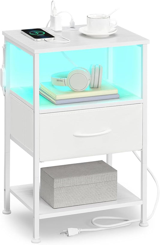 SONGMICS BELLAH Collection - Nightstand with Charging Station and App-Controlled Adjustable LED Lights, Bed Side Table, 1 Drawer and 2 Open Shelves, Bedroom, Cloud White and Snow White ULGS301WH01S