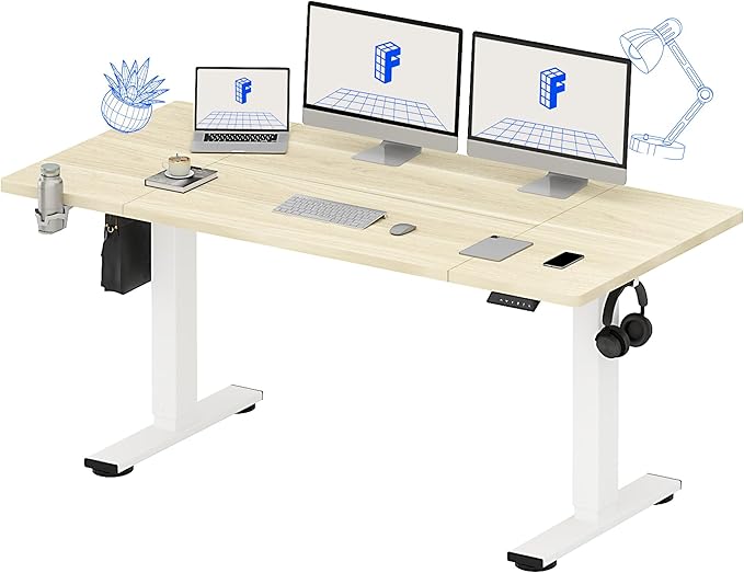FLEXISPOT 63x32 Inch Electric Large Standing Desk for Home & Office, Spacious Splice Board Desk with Cable Management & Organizer, Cup Holder & Hook, White Wood Grain
