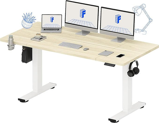 FLEXISPOT 63x32 Inch Electric Large Standing Desk for Home & Office, Spacious Splice Board Desk with Cable Management & Organizer, Cup Holder & Hook, White Wood Grain