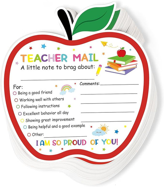 50Pcs Teacher Mail Notes to Parents, Happy Mail from Teacher, Brag Cards for Students Behavior Classroom Must Haves to Send Home for Preschool Kindergarten Elementary School Supplies (Apple)