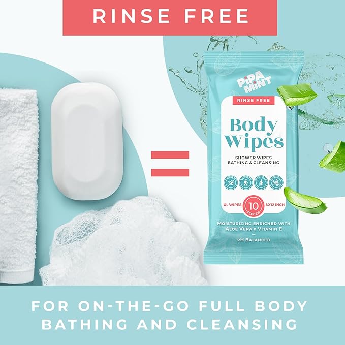 Body Wipes XL Shower Wipes Body Wipe for Adults Bathing, Traveling, Camping, Gym, Car, Elderly, Bedridden - Disposable Washcloths for Adults No Rinse 1 Box, 5 Pack (50 ct)
