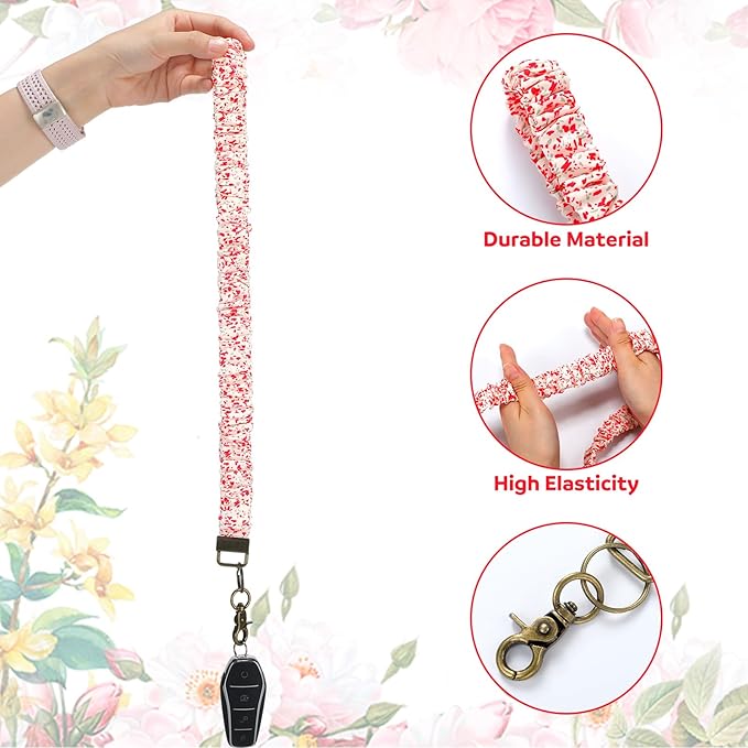 Marspark 2 Set Scrunchie Lanyards with 4 Card Holders for ID Badges and Keys Cute Stretchy Scrunchie Neck and Wrist Lanyards for Teacher Women Nurses School Office Supplies(Red White,Floral)