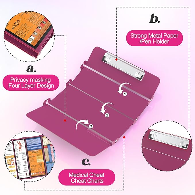 Nursing Clipboard Foldable-4 Layers Aluminum Nurse Foldable Clipboard Nursing Medical Edition Cheat Sheets, Pocket Size Pen Clip for Nurses Students School and Doctors- Wine