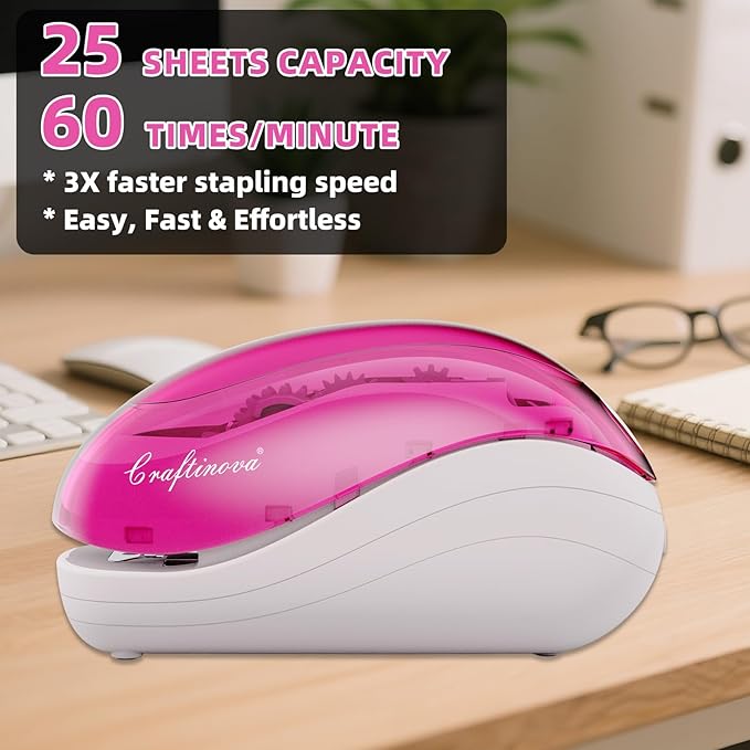 Electric Stapler-Pink,Including 2000 Staples and 1 Staple Remover, Suitable for Palm Size and high Comfort，25 Sheet Capacity, AC Adapter or Battery Powered，Battery not Included