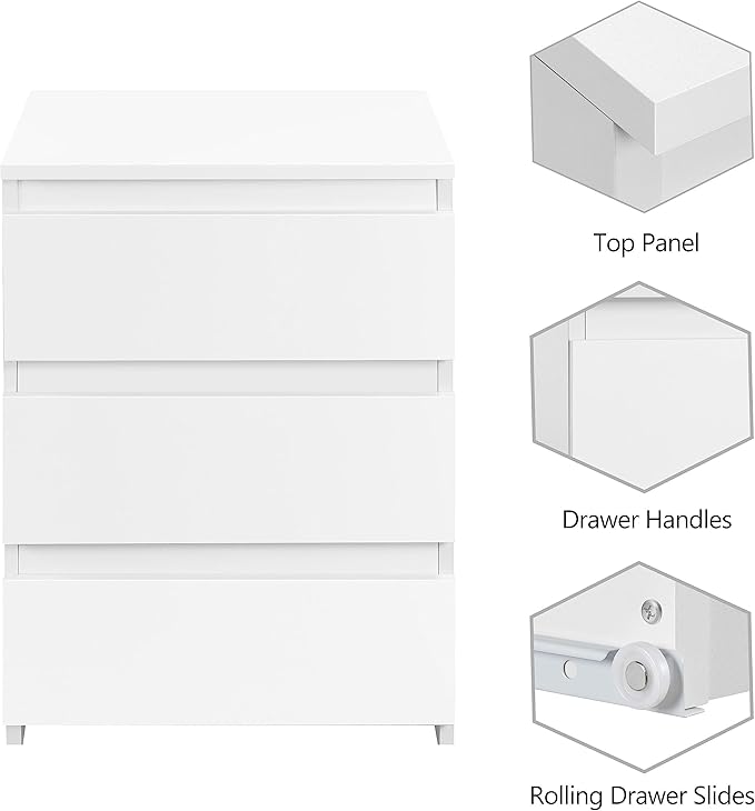 Yaheetech Nightstand with 3 Drawers, Wooden Bedside Table with Storage, Small Bedside Storage Cabinet Unit with Sturdy Base for Bedroom/Small Space, White