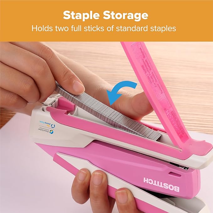 Bostitch Office InPower Spring-Powered Desktop Stapler, 20 Sheet Capacity, One Finger Stapling, Includes 210 Staples, Jam Free, Opens for Tacking, Breast Cancer Awareness Pink