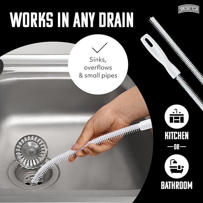 Brushtech Sink Drain & Overflow Cleaning Brush - Thin & Flexible Drain Cleaning Gadget for Clogs, Hair, & Debris - Long Pipe Brush for Kitchen & Bathroom Sink Maintenance - Made in USA (2-Pack)