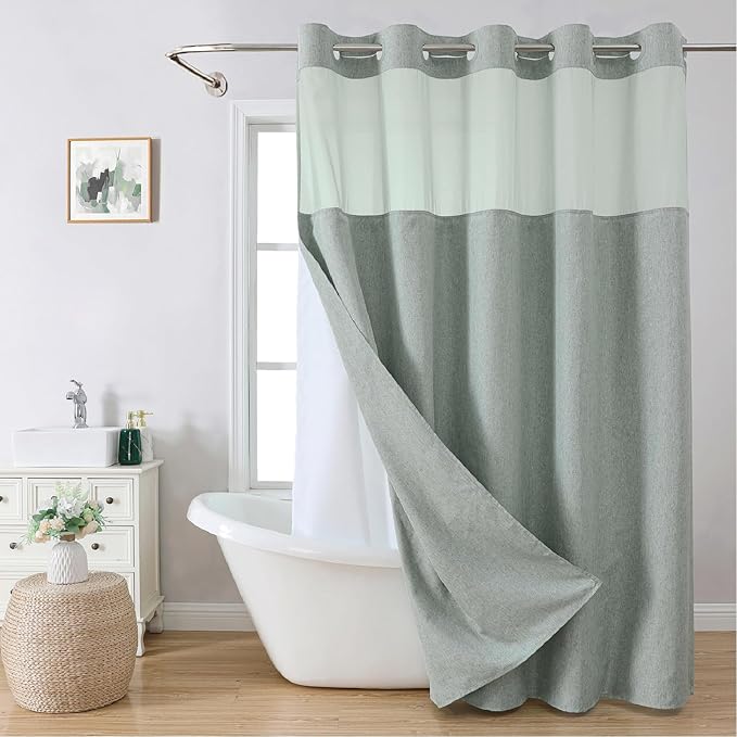Extra Long No Hooks Needed Linen Textured Shower Curtain with Snap-in Fabric Liner Set,Sage Green Hotel Luxury Decor Shower Curtains for Bathroom,Waterproof & Washable,71Wx86H