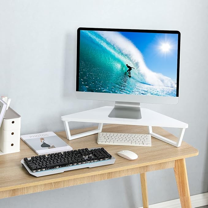 TEAMIX 26 inch White Triangle Monitor Stand Riser, Desktop Corner Shelf with Metal Leg Wood Computer Stand with Storage Laptop Riser Office Organization