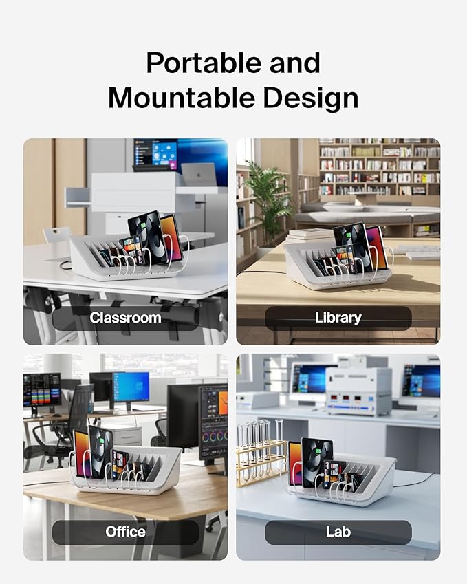 Belkin Charging Station for Laptops with Surge Protector - 10 Device USB Charging Dock for Tablets, Chromebooks – Cable Management for Classrooms, Offices, Tech Labs, Shared Spaces, & More, Grey