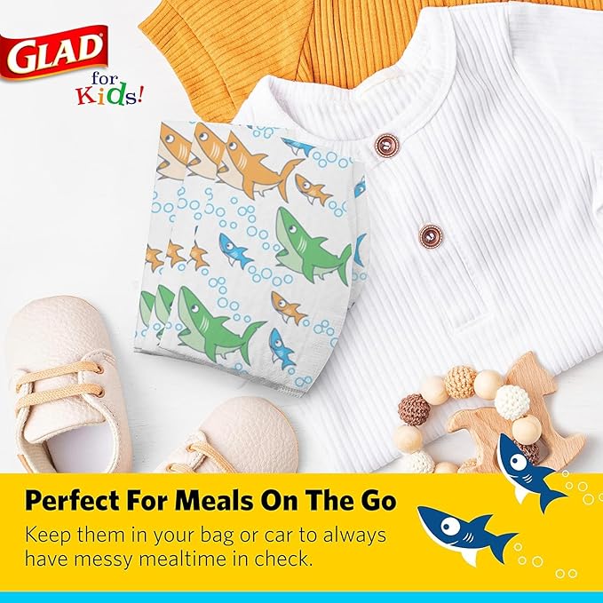 Glad for Kids Shark Disposable Paper Bibs with Crumb Catcher, Absorbent Leakproof Bibs for Toddlers and Babies, Mess Free Feeding, Crafts, Parties, and Travel Use, 30 Count - 24 Pack