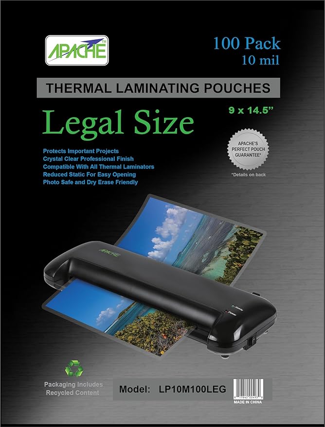 Apache 100 Pack Laminating Pouches 10 mil, for Legal Size 8.5 x 14 Inch Documents (9 x 14.5 Inch Sheets), Office and School Supplies, Thermal Laminating Sheets, Super Clear, Round Corner