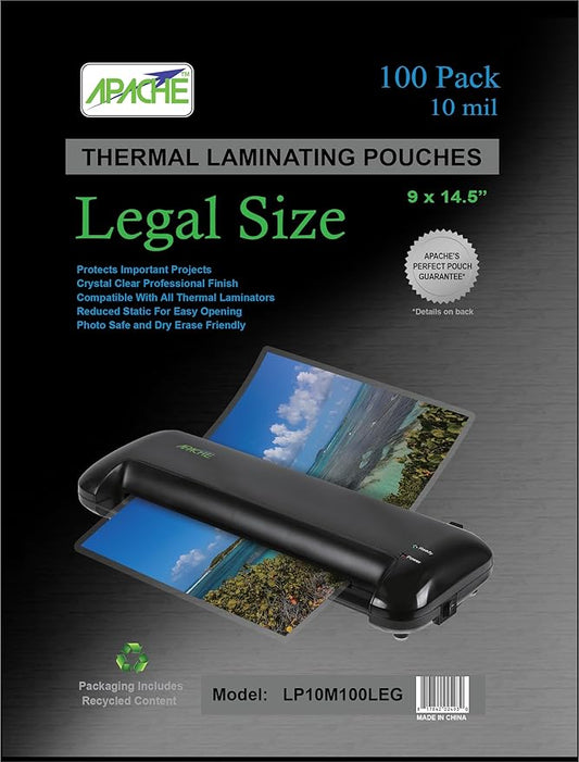 Apache 100 Pack Laminating Pouches 10 mil, for Legal Size 8.5 x 14 Inch Documents (9 x 14.5 Inch Sheets), Office and School Supplies, Thermal Laminating Sheets, Super Clear, Round Corner