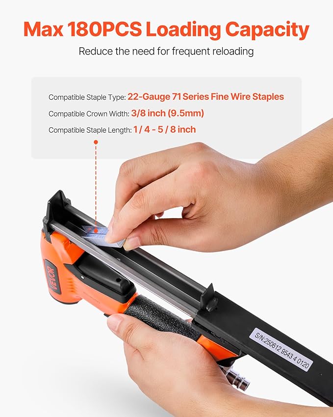 VEVOR Pneumatic Staple Gun, 22 Gauge Air Upholstery Stapler for 71 Series Fine Wire Staples 3/8" Crown 1/4"-5/8" Length, Max 180PCS Loading Air Staple Gun for Upholstering, Woodworking, DIY Projects