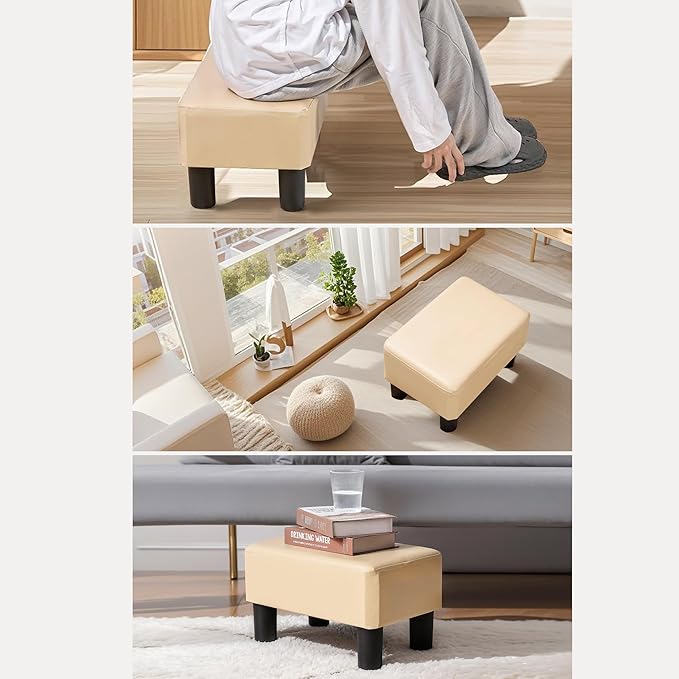 VECELO Small Foot Stool Ottoman, PU Foot Rest with Legs, Rectangle Footrest for Living Room Couch, Beige
