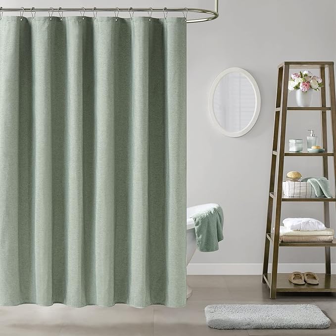 BTTN 60 Inch Stall Fabric Shower Curtain - Linen Textured Heavy Duty Shower Curtain Set with 10 Plastic Hooks, Narrow Waterproof Decorative Bath Curtains for Bathroom and Bathtubs - 60x72 - Sage Green