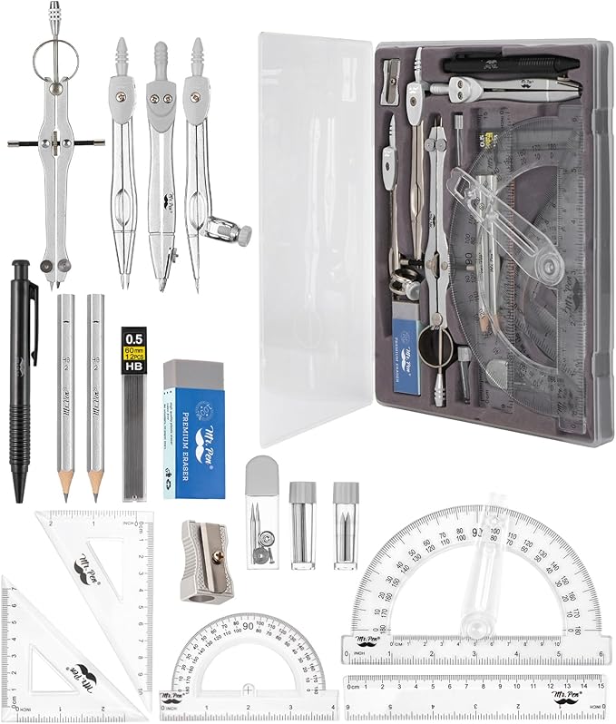 Mr. Pen- Geometry Set, 15 pcs, Light Grey, 6 Inch Swing Arm Protractor, Divider, Set Squares, Ruler, Compasses and Protractor