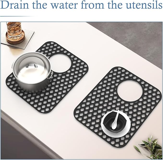 2 Pack Silicone Sink Protector for Kitchen Sink, 13.58" x 11.6" Heat-resistant Sink Mat Non-Slip and Durable Silicone Protectors, Rear Drain, Black