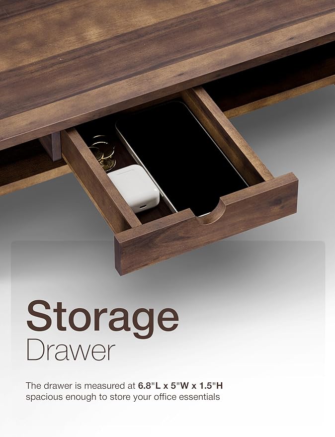 TINAMO Acacia Wood Monitor Stand with Drawer - Wooden Monitor Riser for Desk - Computer Monitor Stand for Desk - Multi-Purpose Desktop Storage Stand for Computer; Laptop; Printer; TV - 24.4 " x 8" x 5" (Walnut color) (Patented)