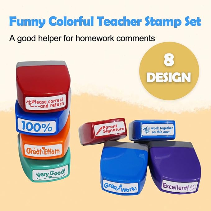 8-Pcs Self-Inking Teacher Stamps for Classroom – Colorful Motivational Stamps Set with Transparent Storage Box, Perfect for Grading Homework, Rewards & Parent Signatures (Rainbow)