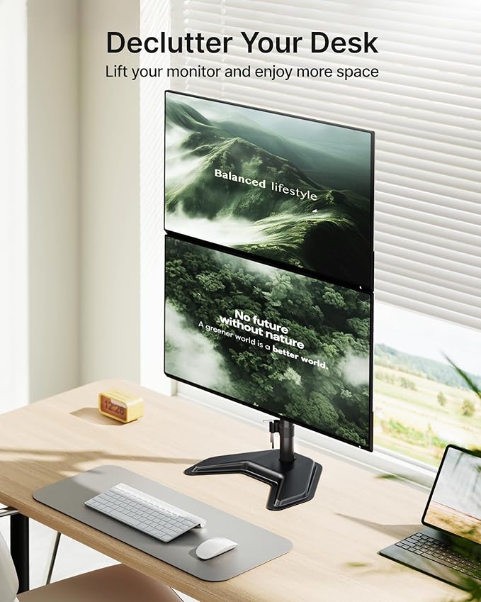 monTEK Stable Stacked Dual Monitor Stand, Heavy-Duty Vertical Monitor Mount for 17-32 inch Screen, Full Motion Arm with Tilt, Swivel, Rotation, Up to 22 lbs per Arm, Solid V-Shaped Base, VESA 100×100