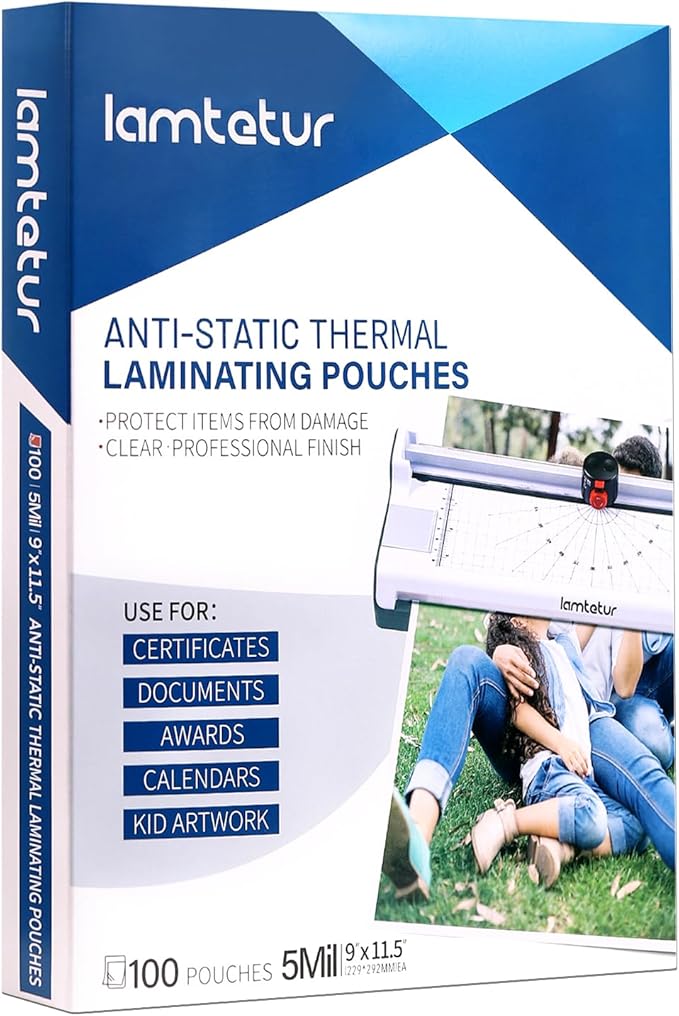 Anti-Static Thermal Laminating Pouches 9x11.5 Inches, Holds 8.5 x 11 Inch Sheets,5mil 100Pcs Hot Laminate Films, Clear Laminator Papers, Letter Size Lamination Sheets(Anti-Static 5Mil-100)