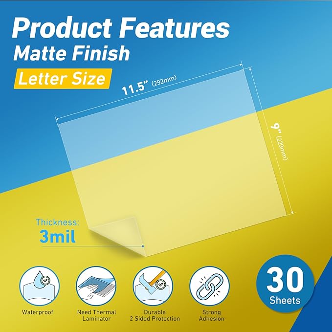 Uinkit Matte Thermal Laminating Sheets, 9 x 11.5 Inches 3 Mil Clear Anti-Glare with Matte Finish 30 Pack Fitted for Letter Size Laminating Pouches 8.5 x 11 inches