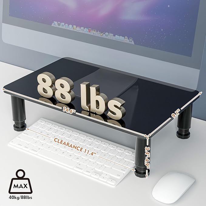 Glass Computer Monitor Stand Riser with Height Adjustable Multi Media Desktop Stand for Flat Screen LCD LED TV, Laptop/Notebook/Xbox One, Black HD01B-002