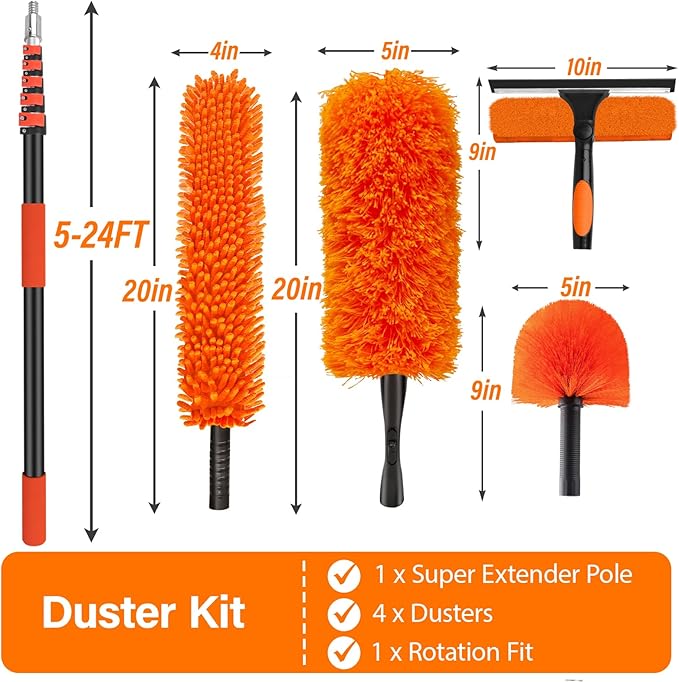 30FT High Reach Duster Cleaning Kit with 5-24 FT Extension Pole,High Ceiling Dusting and Window Cleaning Kit with Microfiber Feather Duster,Cobweb Duster,Ceiling Fan Duster,Window Squeegee Cleaner