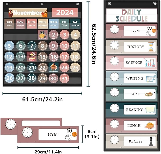Monthly Calendar Pocket Chart for Classroom, Printed Days of The Week with Cards, Learning for Home or Kindergarten, Teacher Must Have Supplies That Fits Any School Décor (Black Calendar+Daily Schedule)