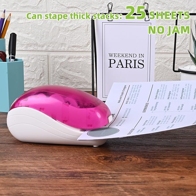 Electric Stapler-Pink,Including 2000 Staples and 1 Staple Remover, Suitable for Palm Size and high Comfort，25 Sheet Capacity, AC Adapter or Battery Powered，Battery not Included