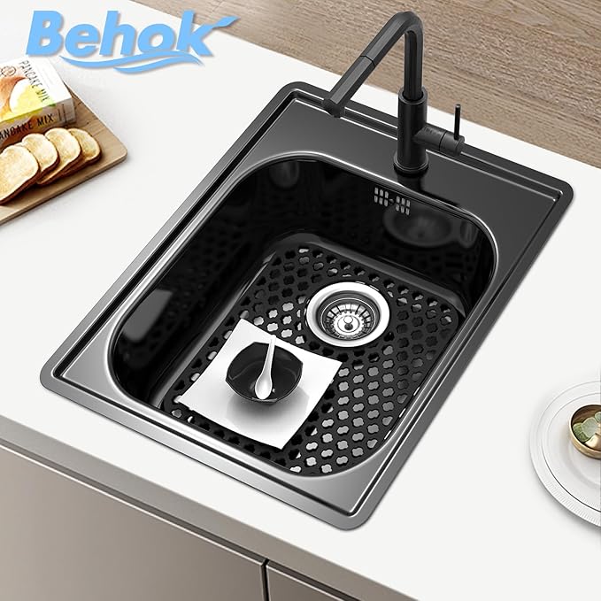 2 Pack Silicone Sink Protector for Kitchen Sink, 13.58" x 11.6" Heat-resistant Sink Mat Non-Slip and Durable Silicone Protectors, Rear Drain, Black