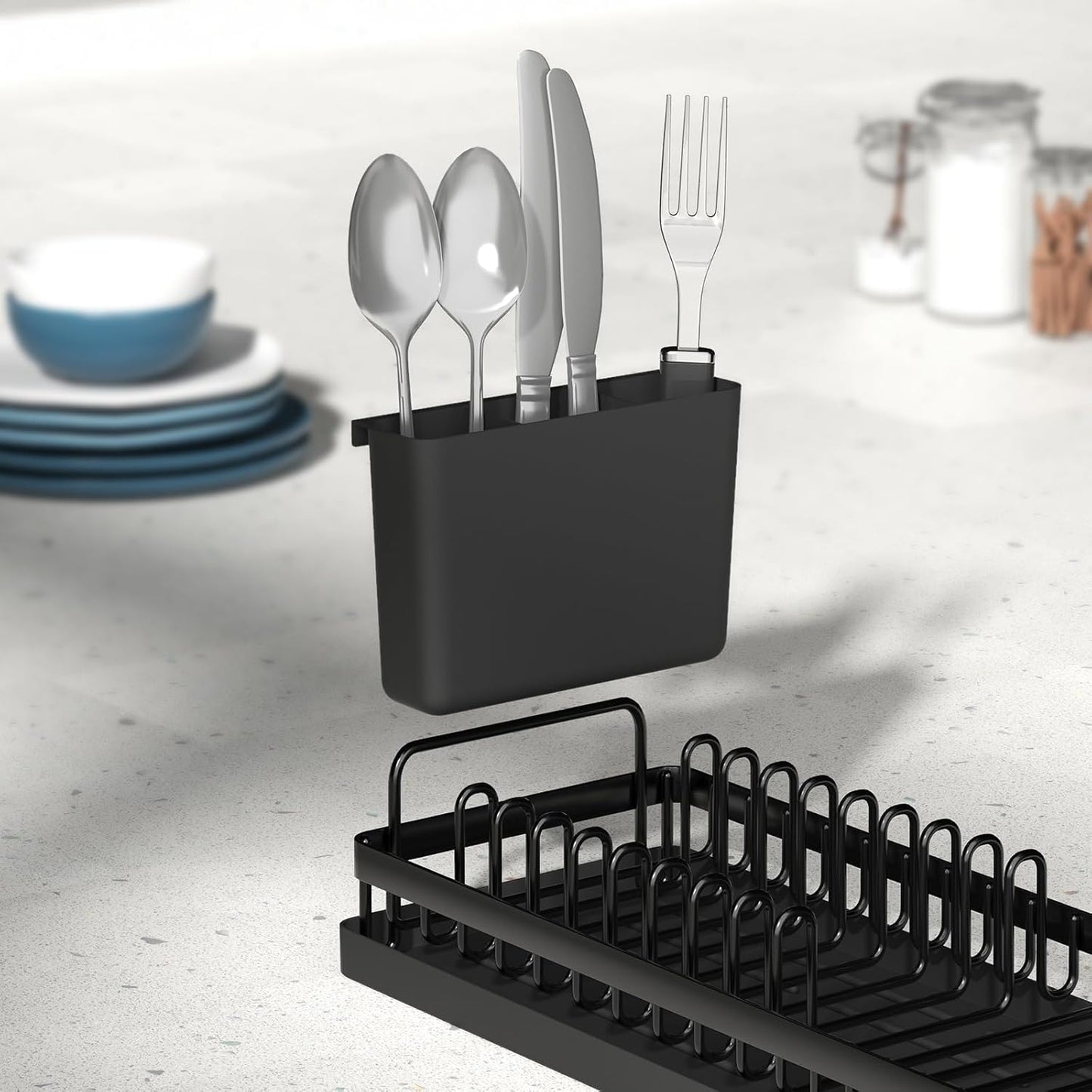 Small Dish Drying Rack, Compact Sink Dish Drainer Plate Organizer with Utensil Holder and 2pcs Silicone Drying Mats for Kitchen Counter, RVs, Apartments
