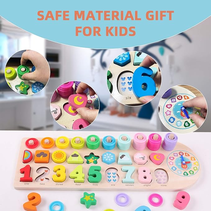 QZMTOY Preschool Educational Learning Montessori Toys for Kids, Toddler Puzzles Number Shape Sorter Counting Stacker with Clock Weather, Boys Girls Activities Math Game Gift for Age 3 4 5 Years