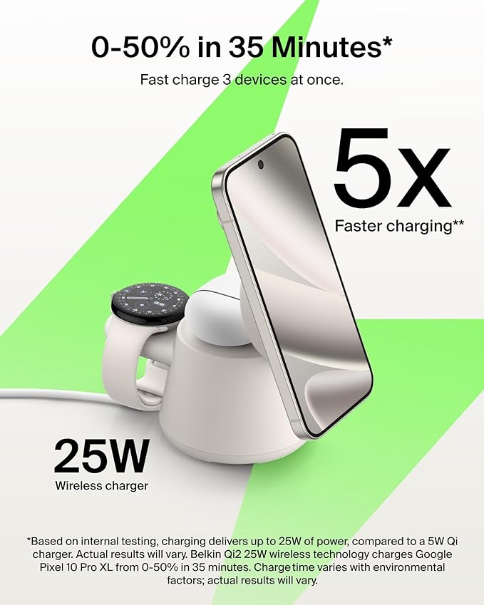 Belkin 3-in-1 Wireless Charging Station for Samsung Galaxy S26, Android - Qi2.2 25W Magnetic Charger for Pixel 10, iPhone 17, USB C Port for Galaxy, Pixel, & Apple Watch (Watch Charger Not Included)