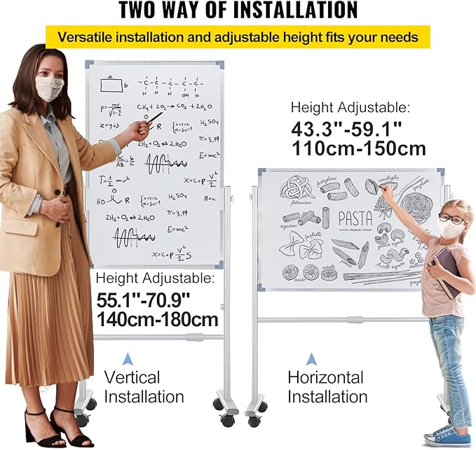 VEVOR Mobile Magnetic Whiteboard, 36 x 24 Inch, Double Sided, 360 Degree Reversible Rolling Dry Erase Board, Height Adjustable with Aluminum Frame and Lockable Swivel Wheels, for Office School Home