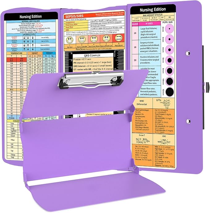 Nurse Clipboard Nursing Clipboard Foldable: Folding Clipboards with Nursing Edition Cheat Sheets 3 Layers Trifold Clip board Pocket Size Aluminum Clinical Clip boards for Nurses Students Doctor Purple