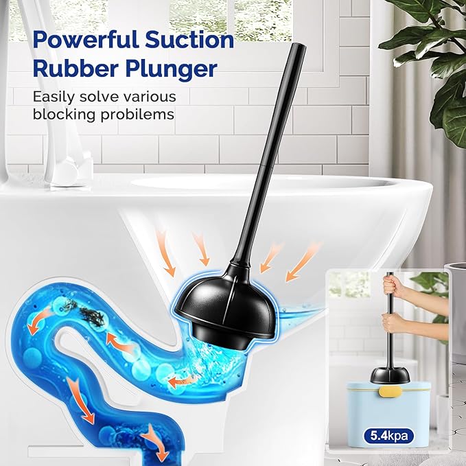 HAMITOR Toilet Plunger Bowl Brush Combo：Heavy Duty Rubber for Drain Clog Remover - Curved Design Bristles for Deep Cleaning Under Rim - Compact Bathroom Cleaning Tools for New Homet Essentials - Black