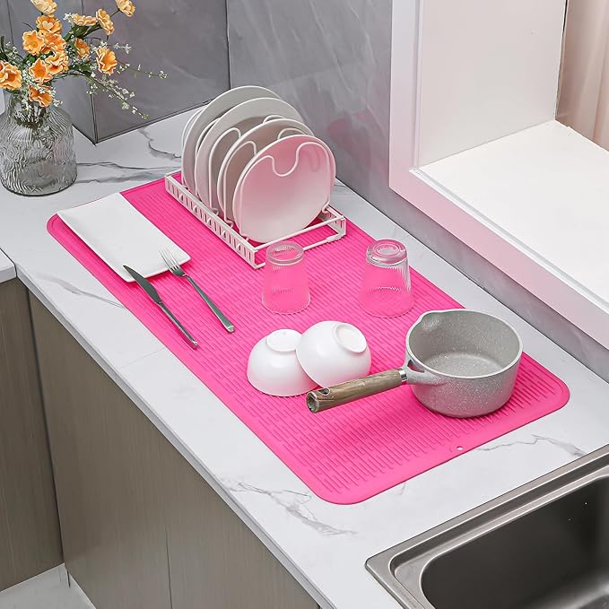 Silicone Dish Drying Mat for Multiple Usage,Easy clean,Eco-friendly,Heat-resistant Silicone Mat for Kitchen Counter or Sink,Refrigerator or Drawer Liner Rose 5XL 36inches x 18inches