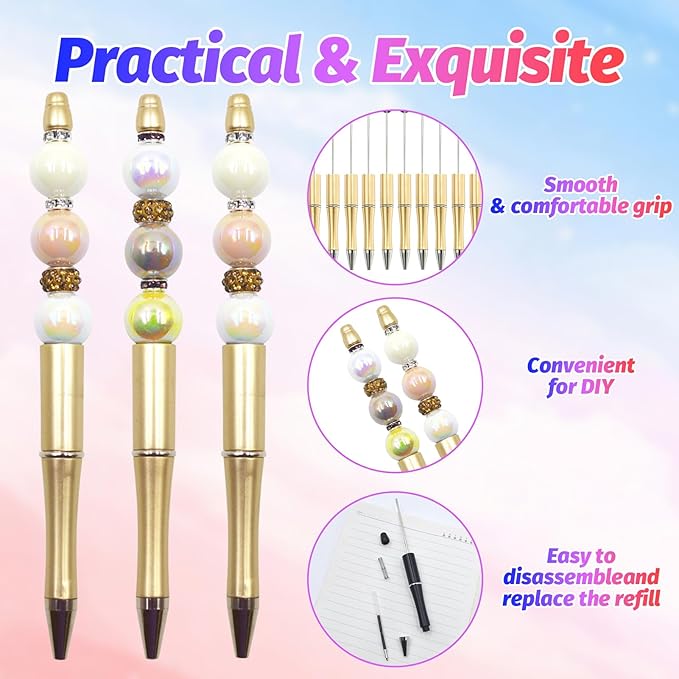 300 Pieces DIY Beadable Pen Kit – 100 Plastic Ballpoint Pens with Refills & Bags – School Supplies, Office Accessories & Decorative Items for Students & Teachers (Gold)