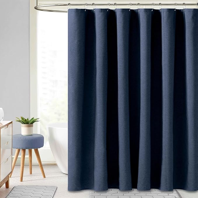 BTTN Extra Long Fabric Shower Curtain - 72x90 Inch Linen Textured Heavy Duty Cloth Shower Curtain Set with Plastic Hooks, Hotel Luxury Waterproof Tall Polyester Shower Curtains for Bathroom, Navy Blue
