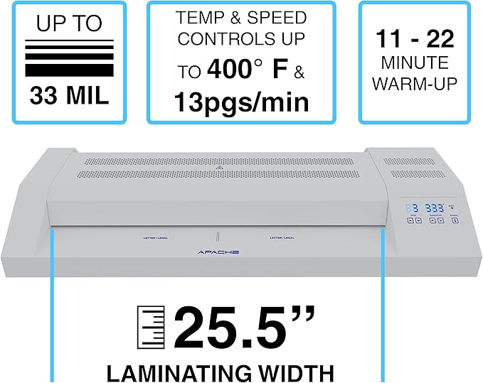 Apache Professional Laminator, Thermal Pouch, 25.5 Inch Max Width, 1.5-33 Mil, True Anti-Jam Technology, School & Office Lamination Machine, Variable Speed & Temperature, Fast Output, Robust Design