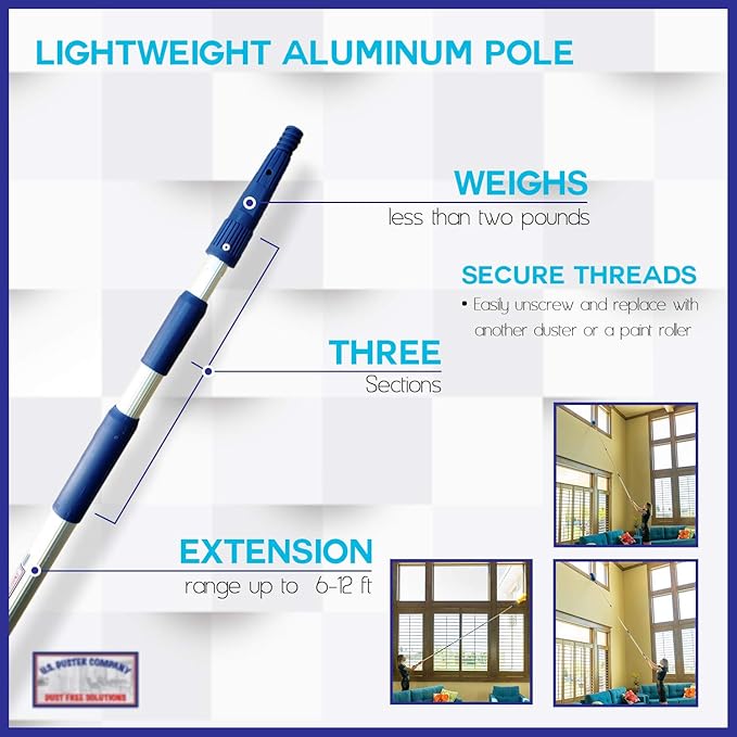 Cobweb Duster, Extendable Reach 20 feet, Ceiling Fan Duster | 3-Stage Aluminum Telescoping Pole | Medium Stiff Bristles | Long Handle Webster Duster for Cleaning | U.S Duster Co.