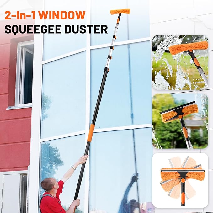 30ft High Reach Duster Kit with Extendable Pole (5-24ft),High Ceiling Duster Kit Includes–Ceiling Fan Blade Cleaner, Cobweb Remover, Bendable Duster, Microfiber Glass Scrubber & Squeegee & Swivel Head