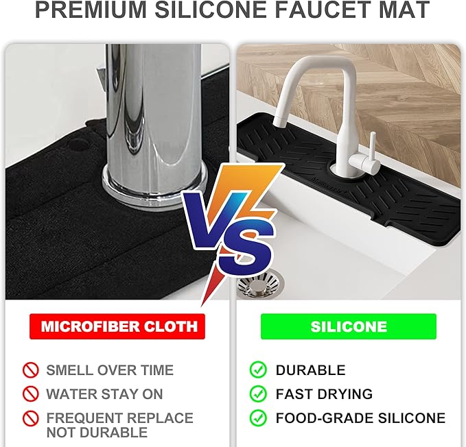 Meiliweser Silicone Faucet Mat for Kitchen Sink – Gen 2 Splash Guard with Upgraded Outlet & Slope – 18” x 5.1” Water Catcher & Sink Sponge Holder for Kitchen and Bathroom (Black)