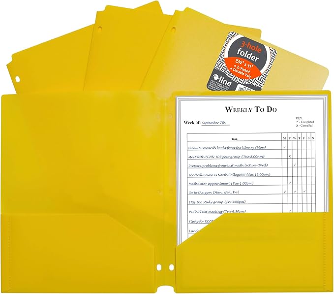 C-Line Two-Pocket Heavyweight Poly Portfolio Folder, 3-Hole Punch, 11 x 8.5, Yellow, 25/Box